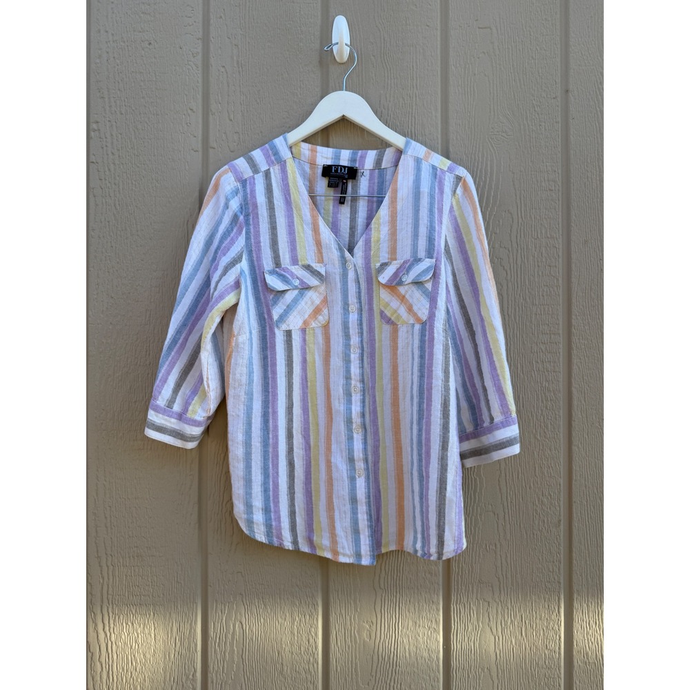 FDJ Small Striped Top Coastal Pastel Linen Blend Button Up
